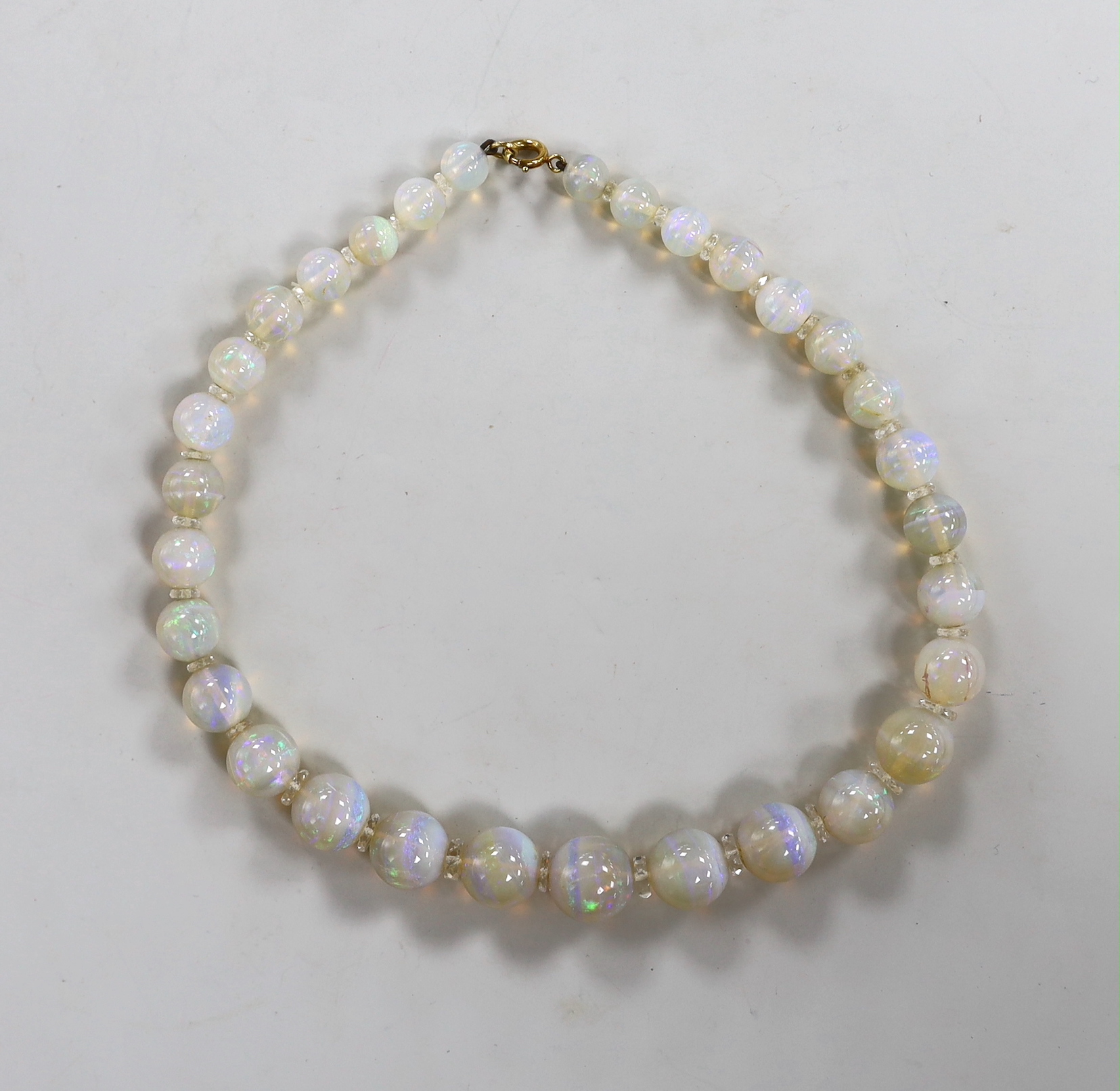 A single strand graduated translucent opal bead necklace, 38cm.